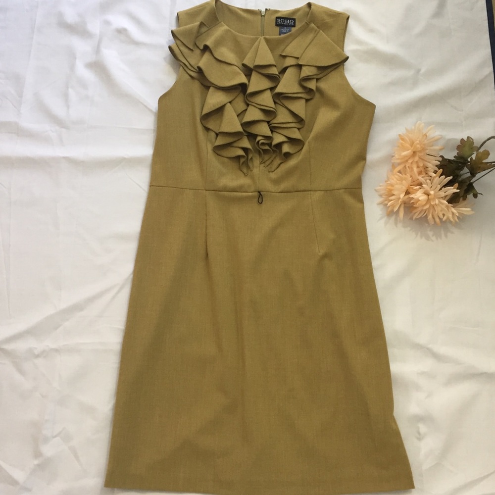 Sz 12 Mustard Green Dress with Ruffles on Front